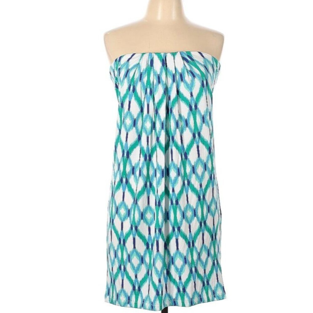 DESIGNER TART MULTICOLOR BLUE PRINT STRAPLESS OPEN BACK SHORT SUMMER DRESS LARGE - Picture 3 of 9